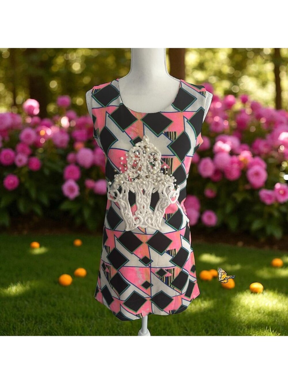 MISS FINCH Embroidered Pink Black Mini Dress Size Small NEW NWT